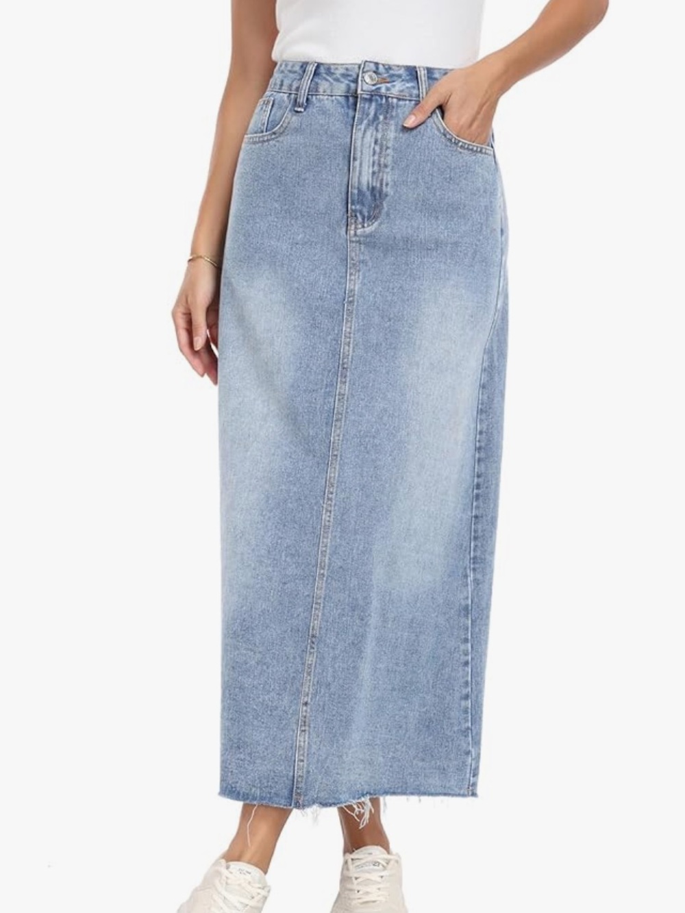 Light Wash Denim Maxi Skirt with Front Seam